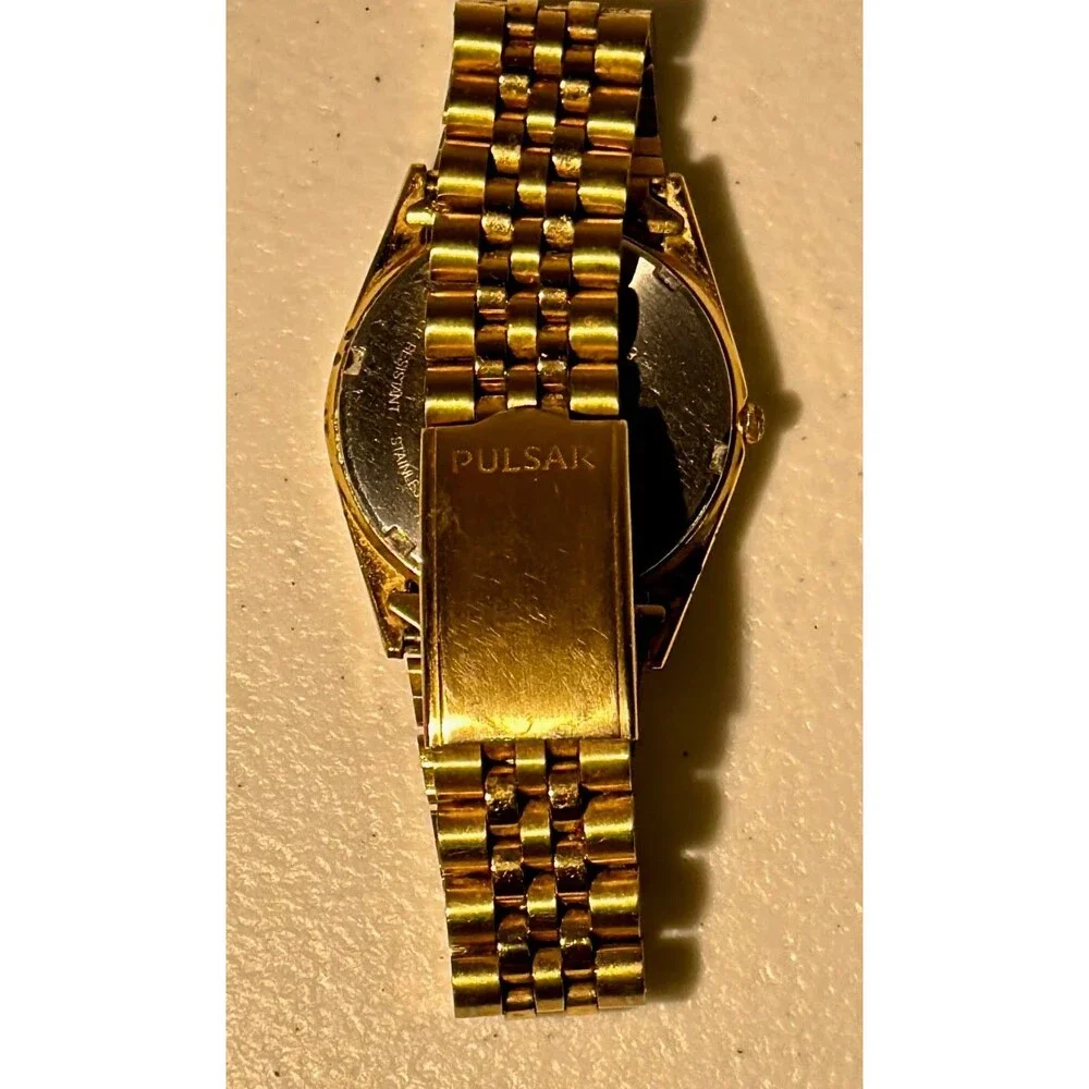Vintage Pulsar President Mens Watch 35mm Day Gold Tone V744-0A20 New Battery 7
